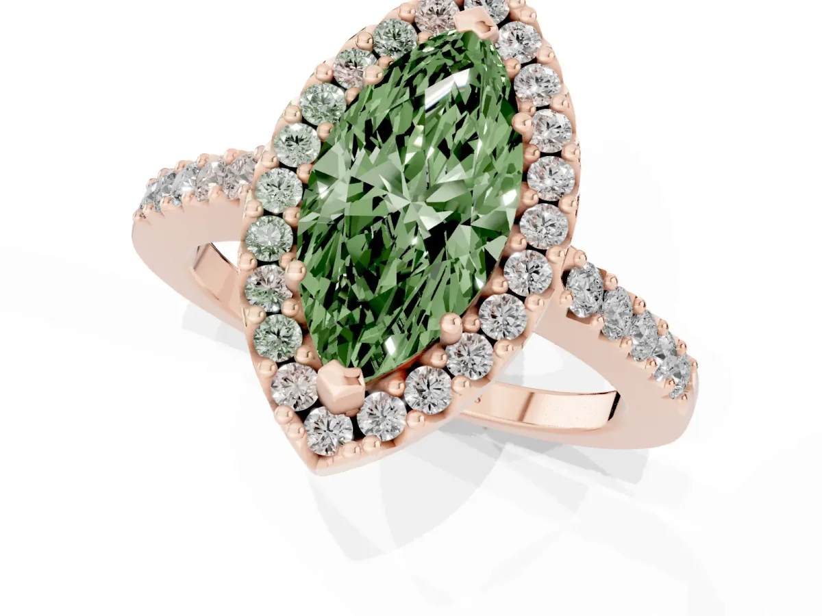 Fancy Green Marquise Cut Halo Diamond Pavé Solitaire Ring Rose gold
