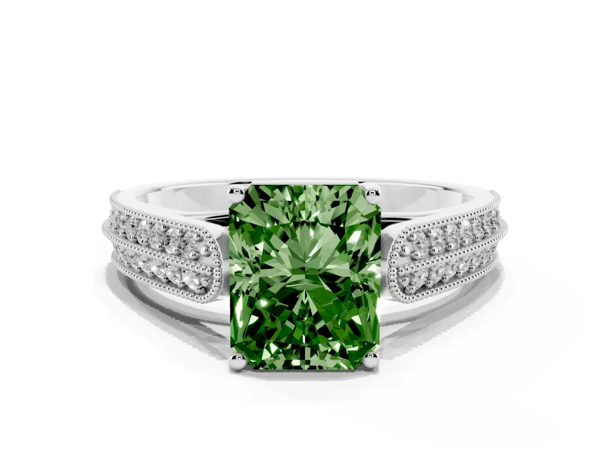 Fancy Green Radiant Cut Cut Pave Split Shank Engagement Ring with Four-Prong Setting Silver