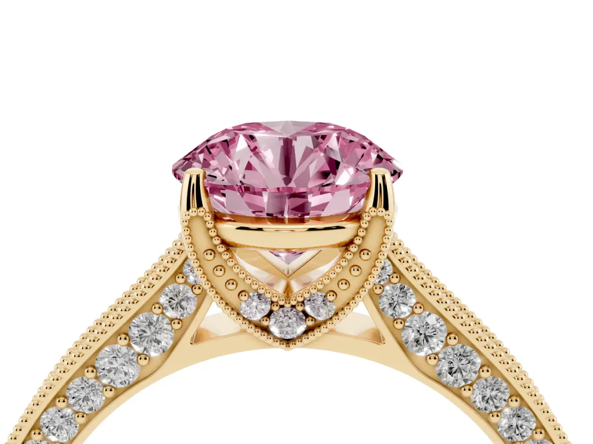 Fancy Pink Round Cut Cut Diamond Solitaire Ring with Milgrain Pave Band and Four Prong Setting Yellow gold