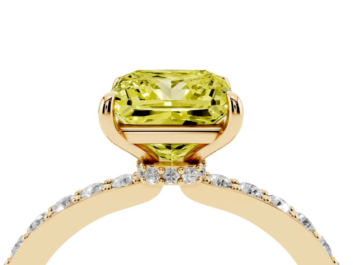 Fancy Yellow Princess Cut Diamond Pavé Engagement Ring with Round Accents and Prong Setting Yellow gold