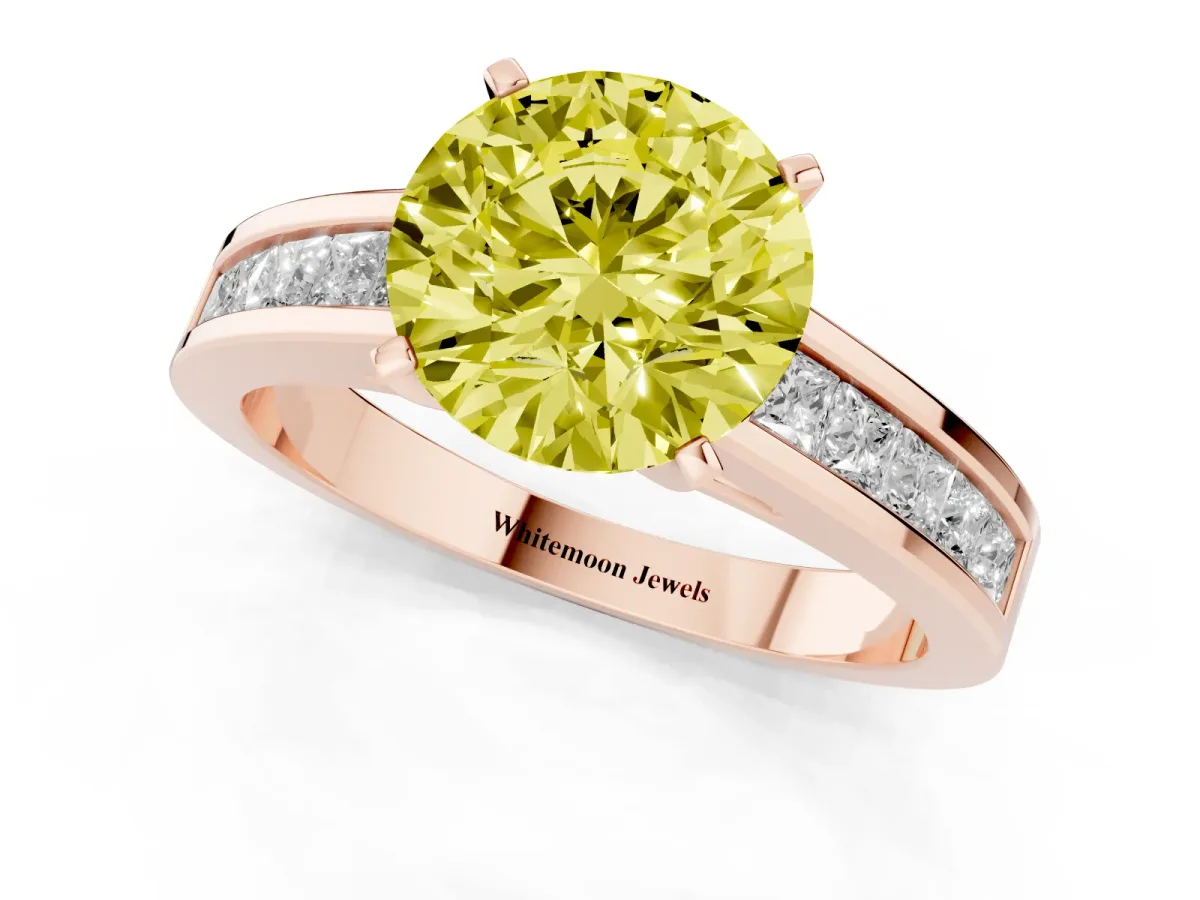 Fancy Yellow Round Cut Solitaire Diamond Ring with Channel-Set Band and Four-Prong Setting Rose gold