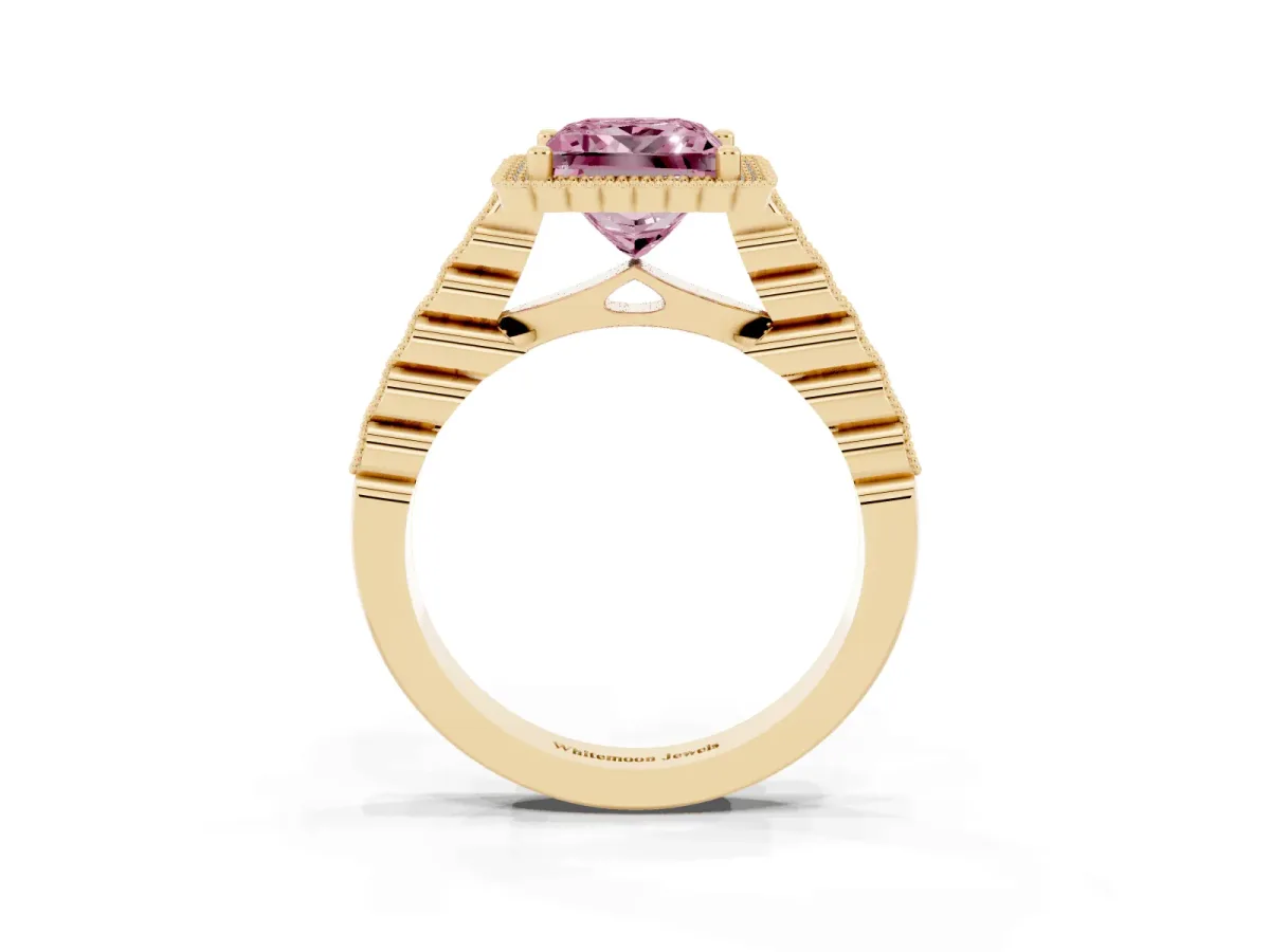 Fancy Pink Princess Cut Cut Halo Pavé Solitaire Ring with Milgrain Band Yellow gold