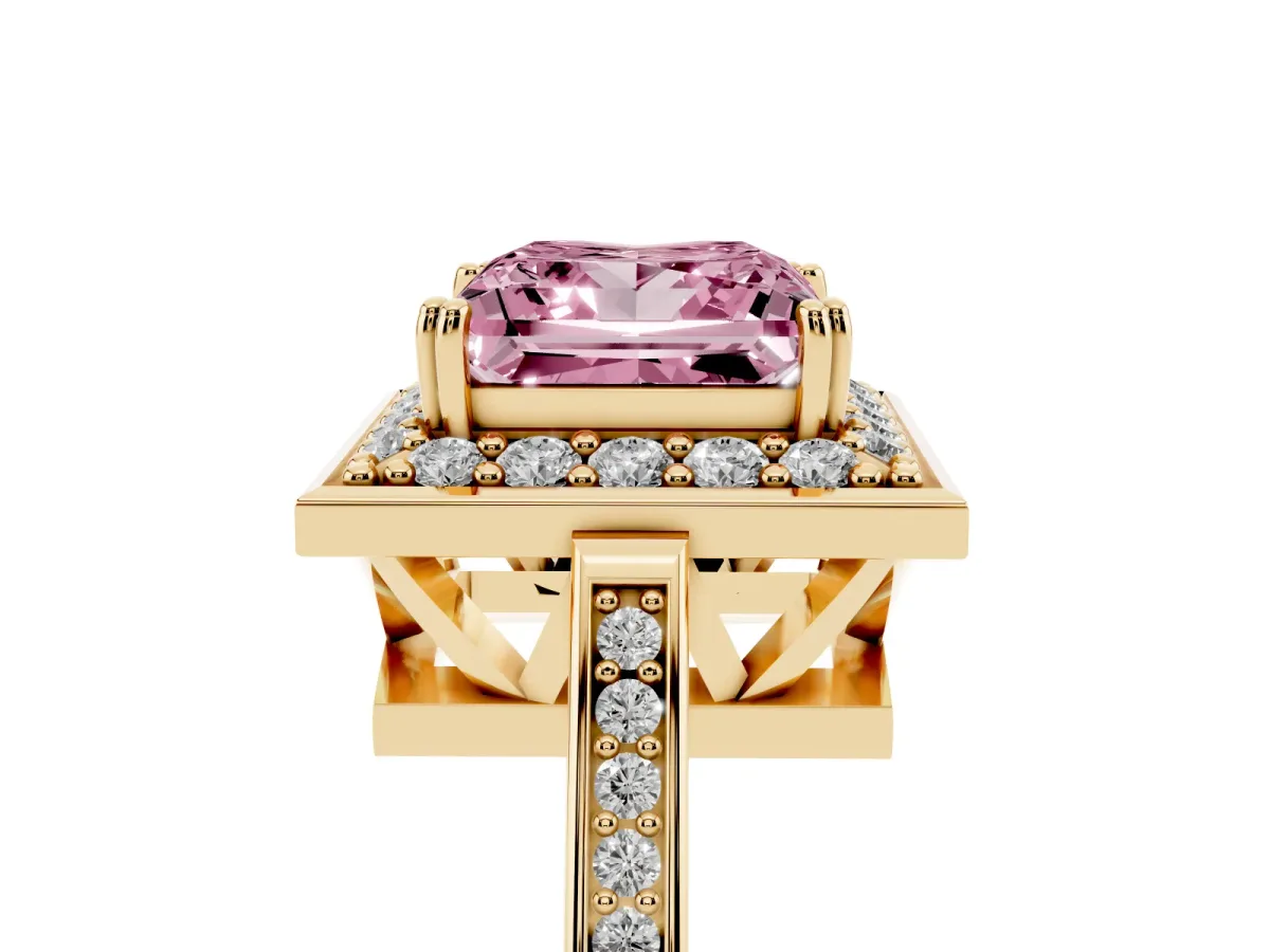 Fancy Pink Princess Cut Diamond Halo Ring with Split Shank and Four-Prong Setting Yellow gold