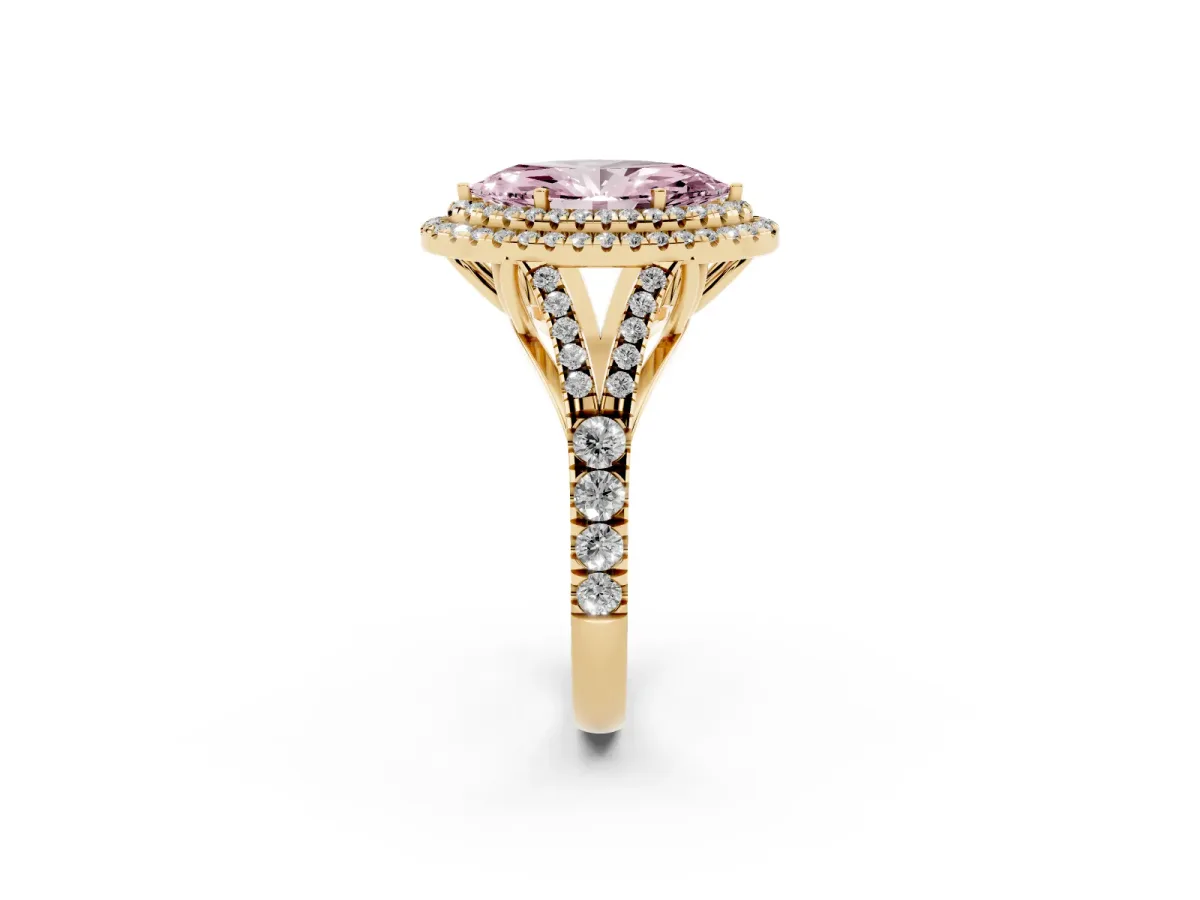 Fancy Pink Double Halo Marquise Cut Diamond Split Shank Engagement Ring with Four-Prong Setting Yellow gold