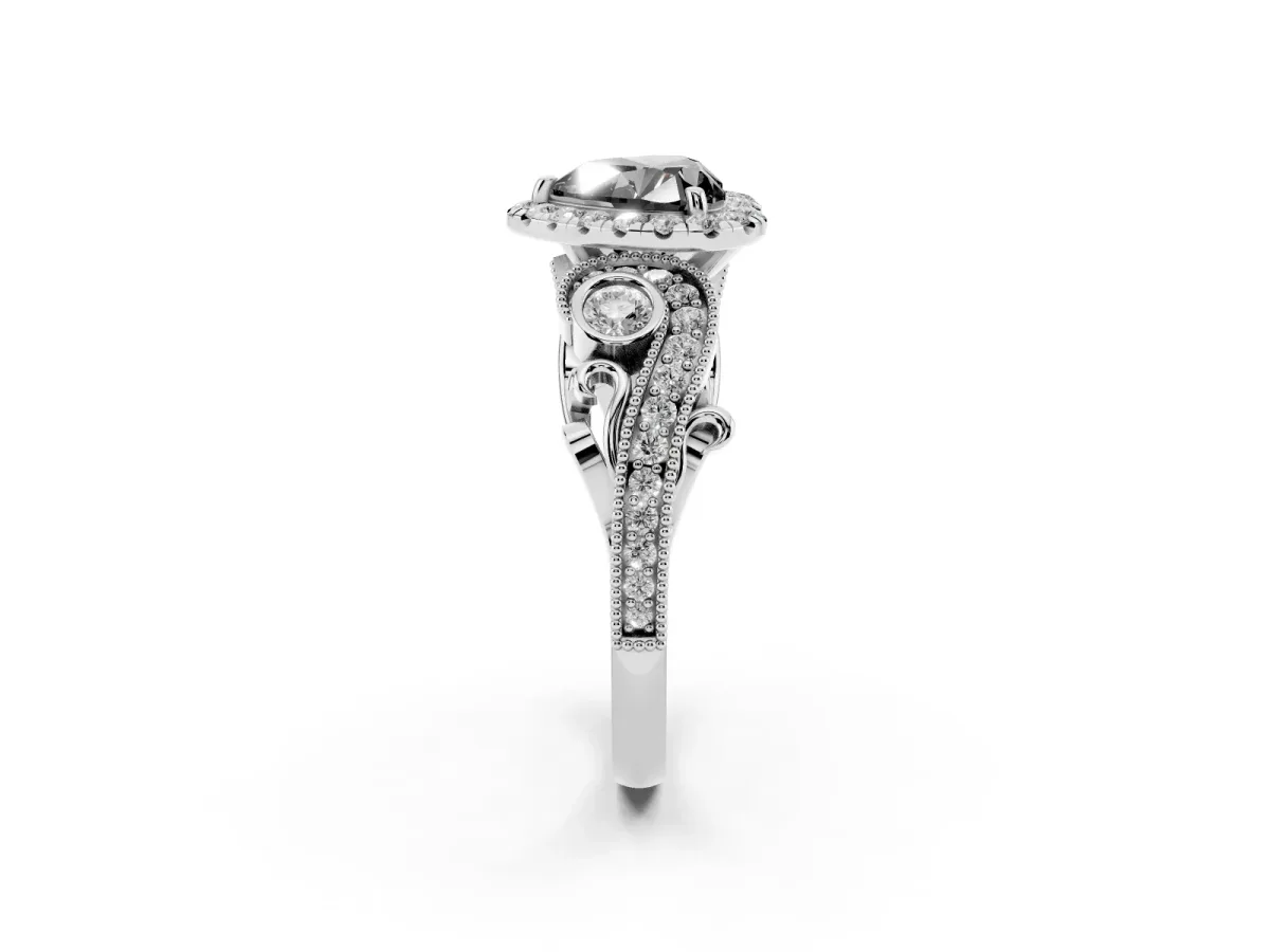 Fancy Black Heart Cut Halo Diamond Ring with Milgrain and Bezel Accents on a Split Shank Band White gold