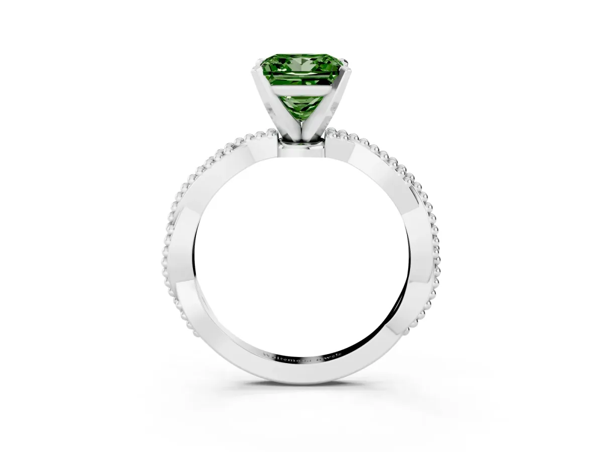 Fancy Green Princess Cut Solitaire Twisted Band with Bead Prong Setting Platinum