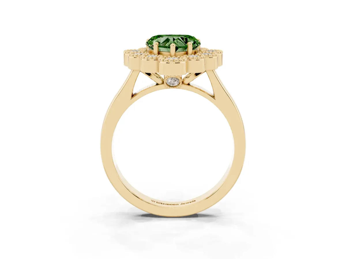 Fancy Green Heart Cut Halo Diamond Cluster Engagement Ring with Milgrain Bezel Setting and Solitaire Band Yellow gold