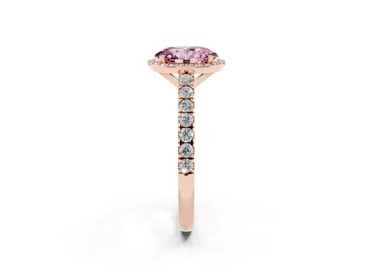 Fancy Pink Oval Cut Cut Halo Diamond Engagement Ring with Pave Band and Four-Prong Setting Rose gold