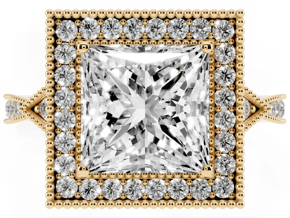 Princess Cut Halo Round Diamond Milgrain Pave Engagement Ring Yellow gold