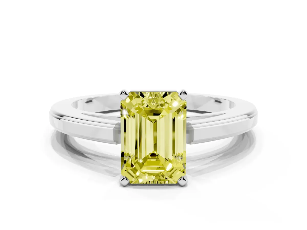 Fancy Yellow Emerald Cut Solitaire Diamond Ring with Four-Prong Setting and Classic Band Silver