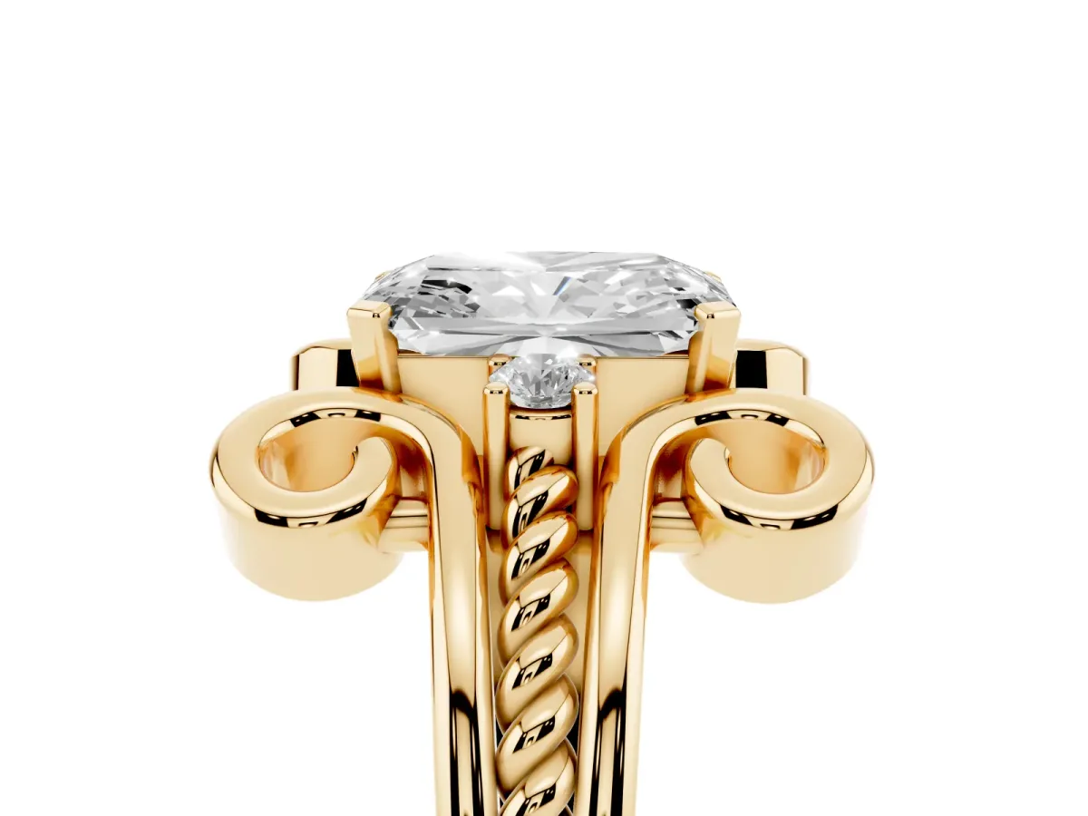Radiant Cut Solitaire Twisted Band Scroll Prong Ring Yellow gold