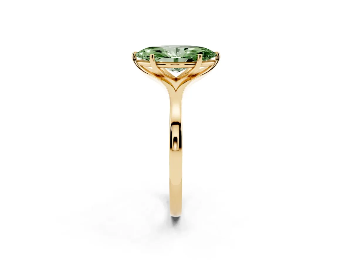 Fancy Green Marquise Cut Solitaire Diamond Ring with Six-Prong Setting and Tapered Band Yellow gold