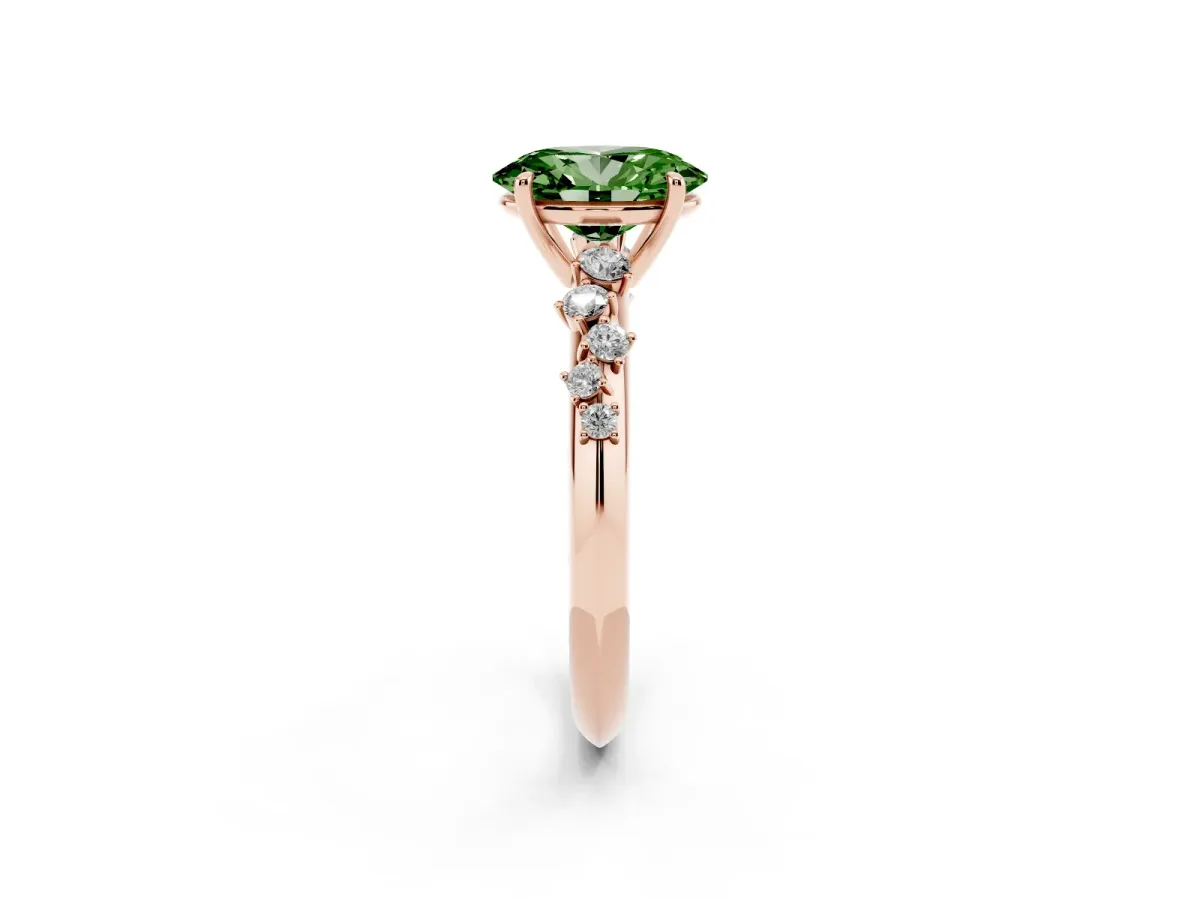 Fancy Green Oval Cut Diamond Cluster Side Stone Solitaire Ring with Prong Setting Rose gold