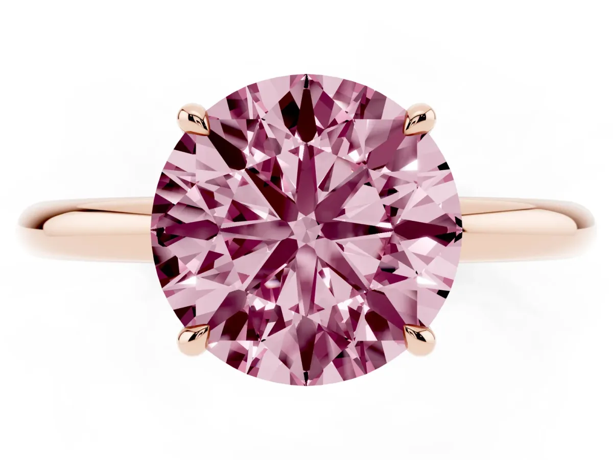 Fancy Pink Round Cut Diamond Solitaire Ring with Thin Band and Four-Prong Setting Rose gold