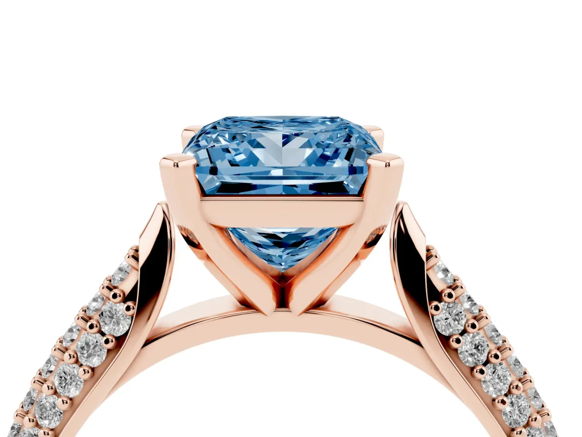 Fancy Blue Princess Cut Diamond Solitaire Engagement Ring with Multi-Row Round Pavé Band and Prong Setting Rose gold