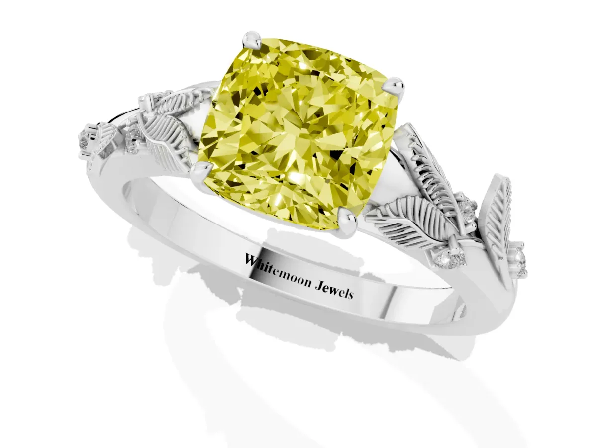 Fancy Yellow Cushion Cut Diamond Solitaire Ring with Leaf Motif Band and Four-Prong Setting Platinum