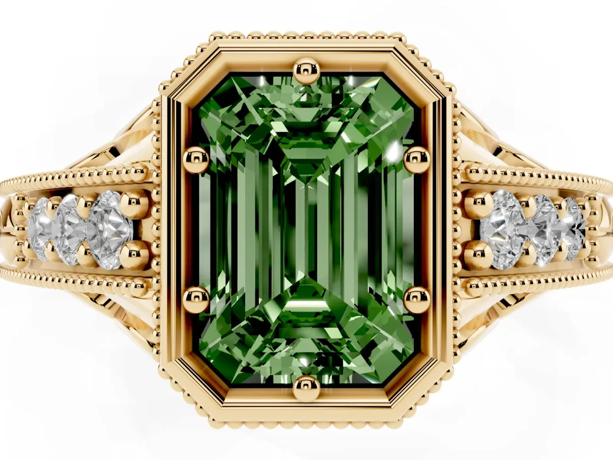 Fancy Green Bezel Set Emerald Cut Diamond Milgrain Pave Engagement Ring Yellow gold