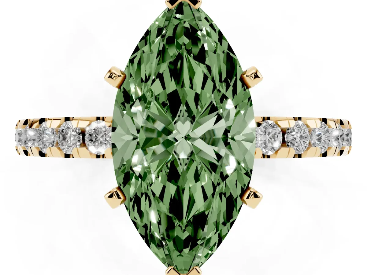 Fancy Green Marquise Cut Diamond Solitaire Ring with Round Pavé Band and Four-Prong Setting Yellow gold