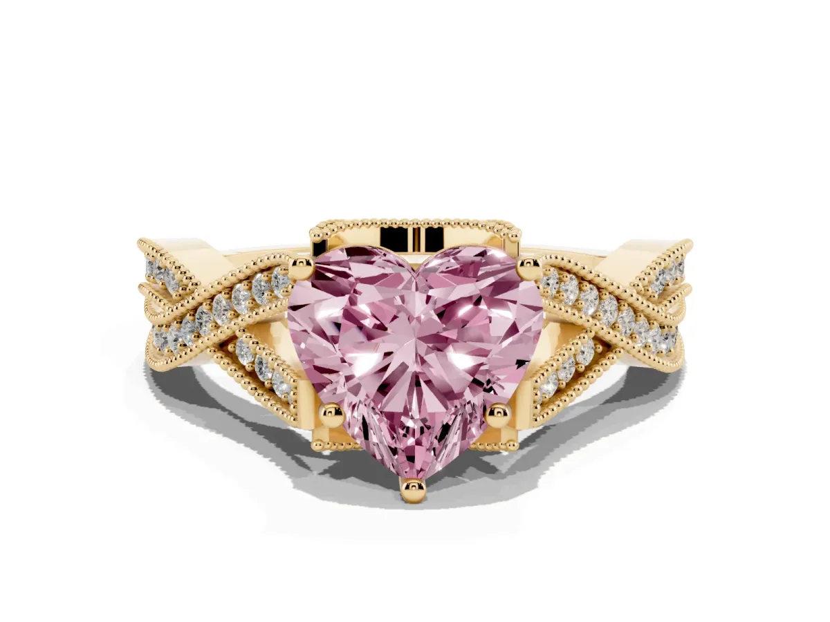 Fancy Pink Heart Cut Cut Diamond Twisted Band with Milgrain Pave Setting and Four-Prong Setting Yellow gold