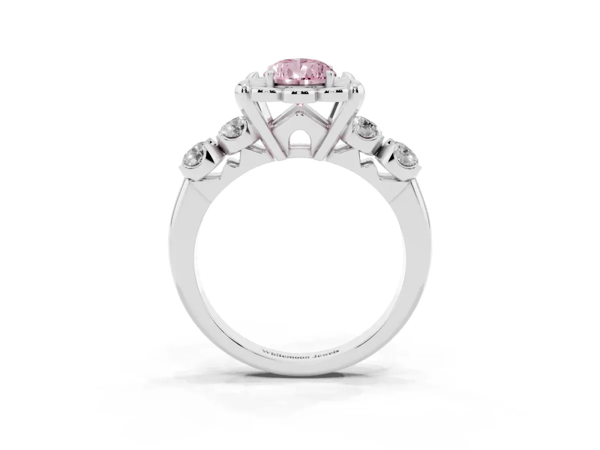 Fancy Pink Pear Cut Cut Diamond Floral Halo Engagement Ring with Shared Prong Setting Silver
