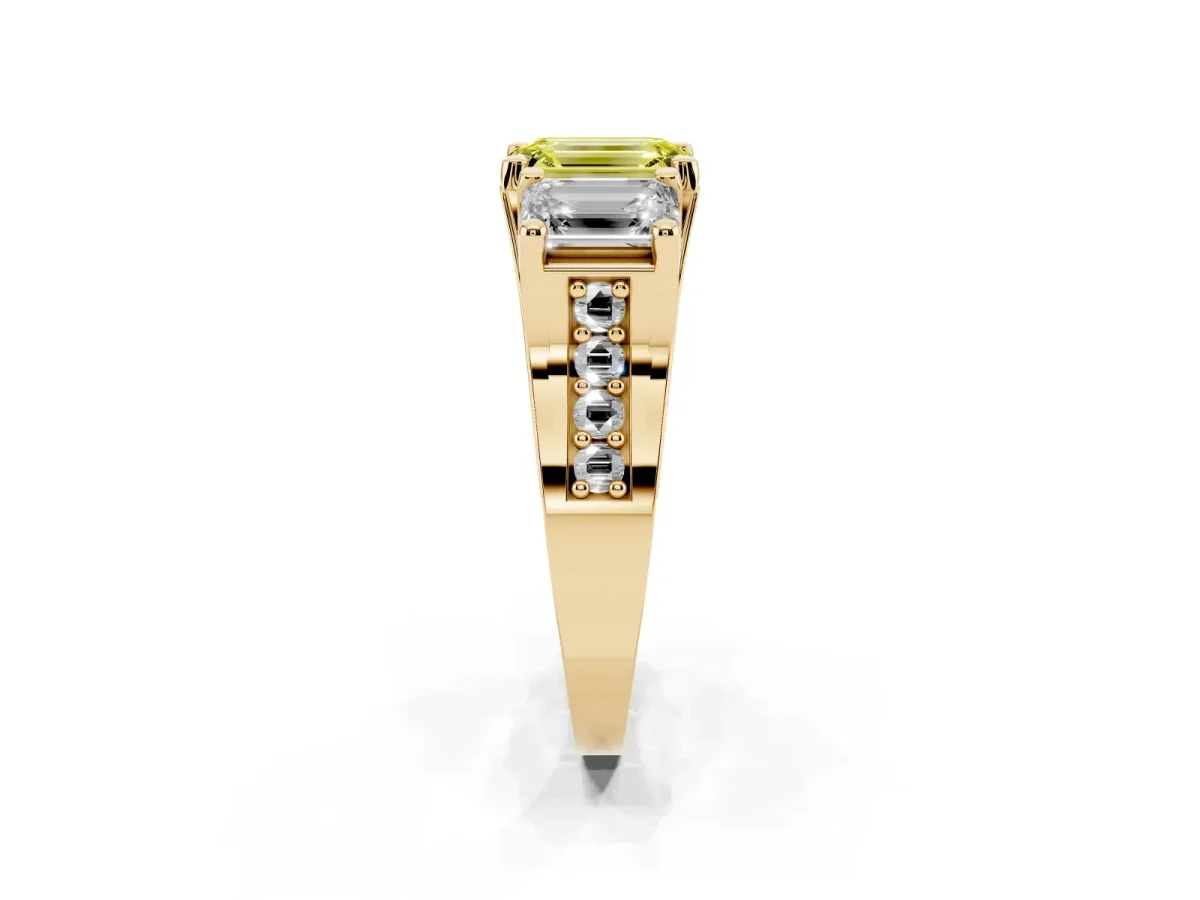 Fancy Yellow Emerald Cut Diamond Three-Stone Ring with Channel Set Band and Four-Prong Setting Yellow gold