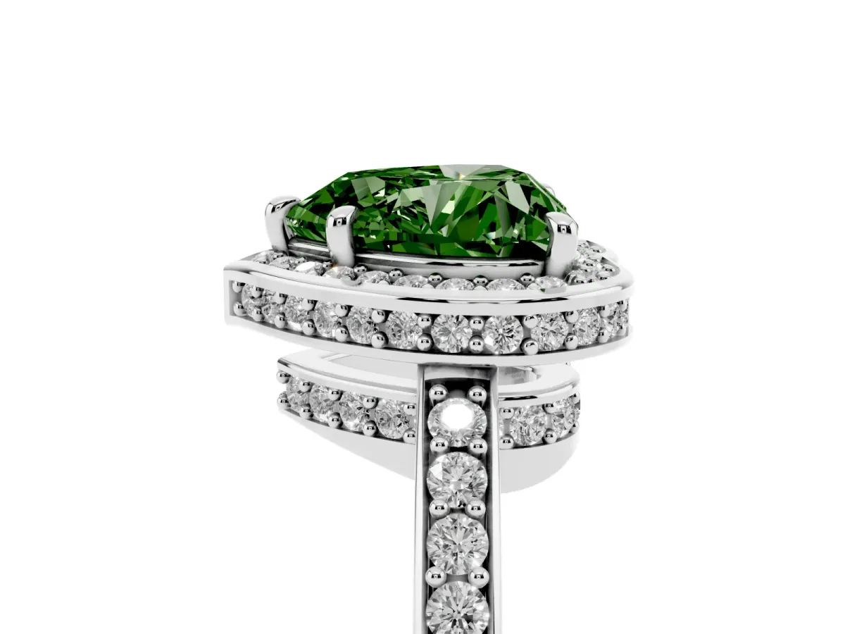Fancy Green Heart Cut Halo Pave Band Solitaire Ring with Prong Setting White gold