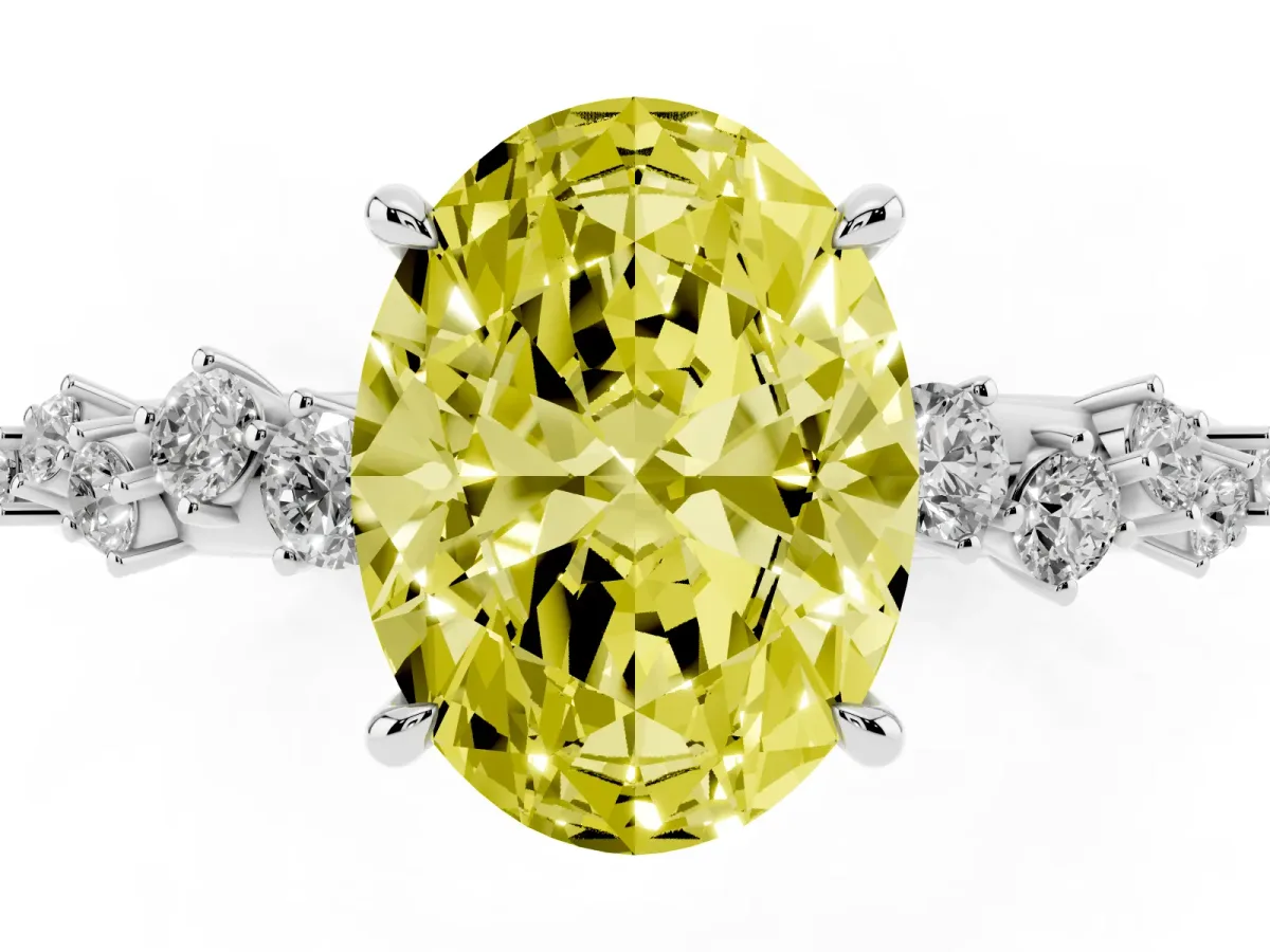 Fancy Yellow Oval Cut Diamond Cluster Side Stone Solitaire Ring with Prong Setting Silver