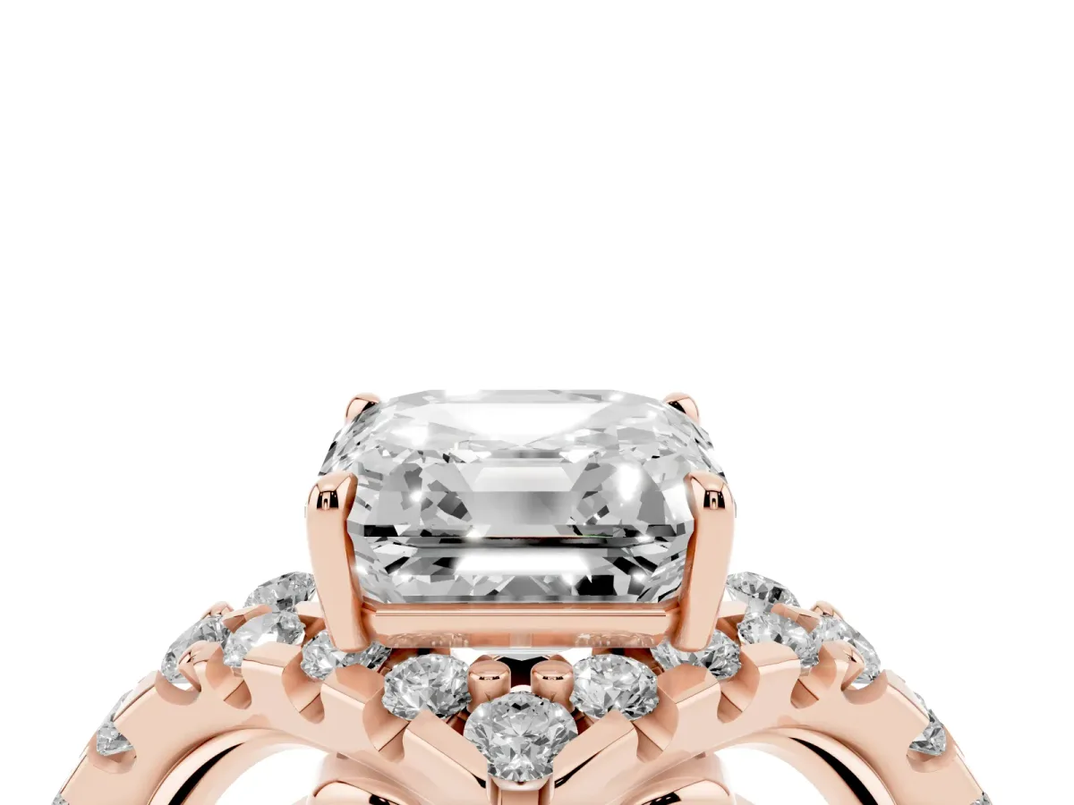 Asscher Cut Diamond Solitaire Ring with Hidden Halo and Pavé Band Rose gold