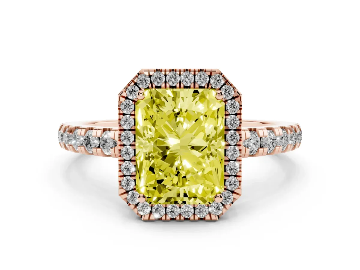 Fancy Yellow Radiant Cut Diamond Halo Ring with Pavé Band and Four-Prong Setting Rose gold