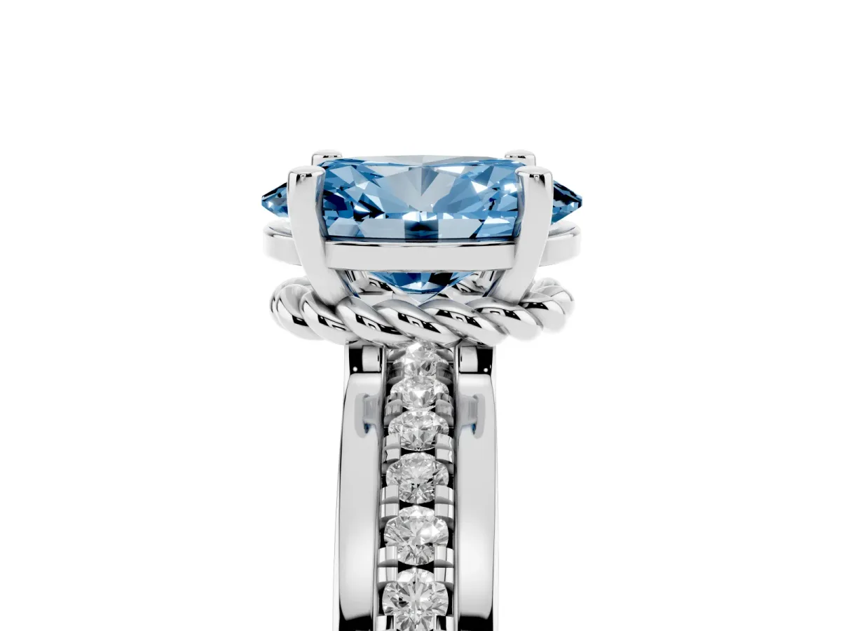 Fancy Blue Oval Cut Solitaire Diamond Ring with Channel Set Band and Six-Prong Setting Silver
