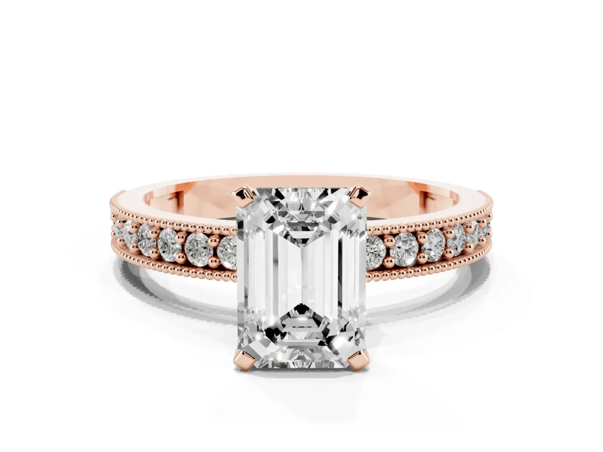 Emerald Cut Diamond Milgrain Pavé Engagement Ring with Four-Prong Setting Rose gold