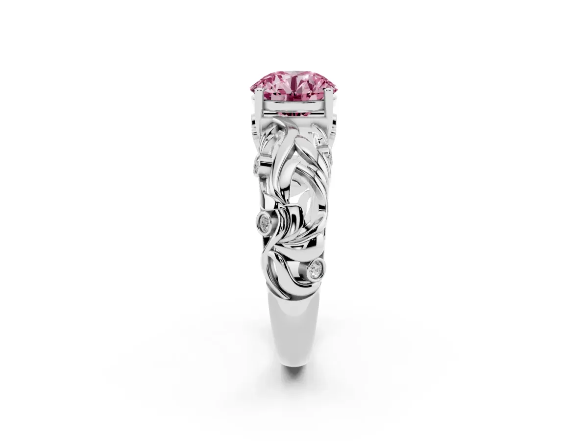 Fancy Pink Round Cut Solitaire Diamond Leaf-Inspired Vine Band Ring with Prong Setting Silver