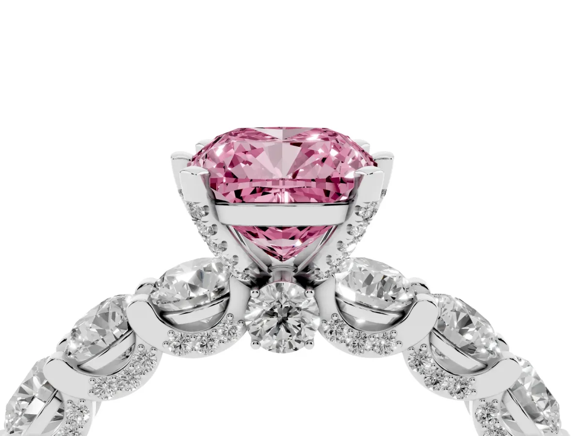 Fancy Pink Cushion Cut Diamond Side Stone Engagement Ring with Four-Prong Setting Platinum