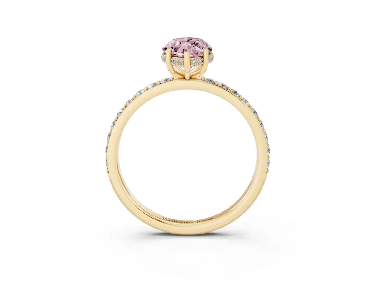 Fancy Pink Marquise Cut Diamond Solitaire Ring with Pavé Band and Hidden Halo Yellow gold