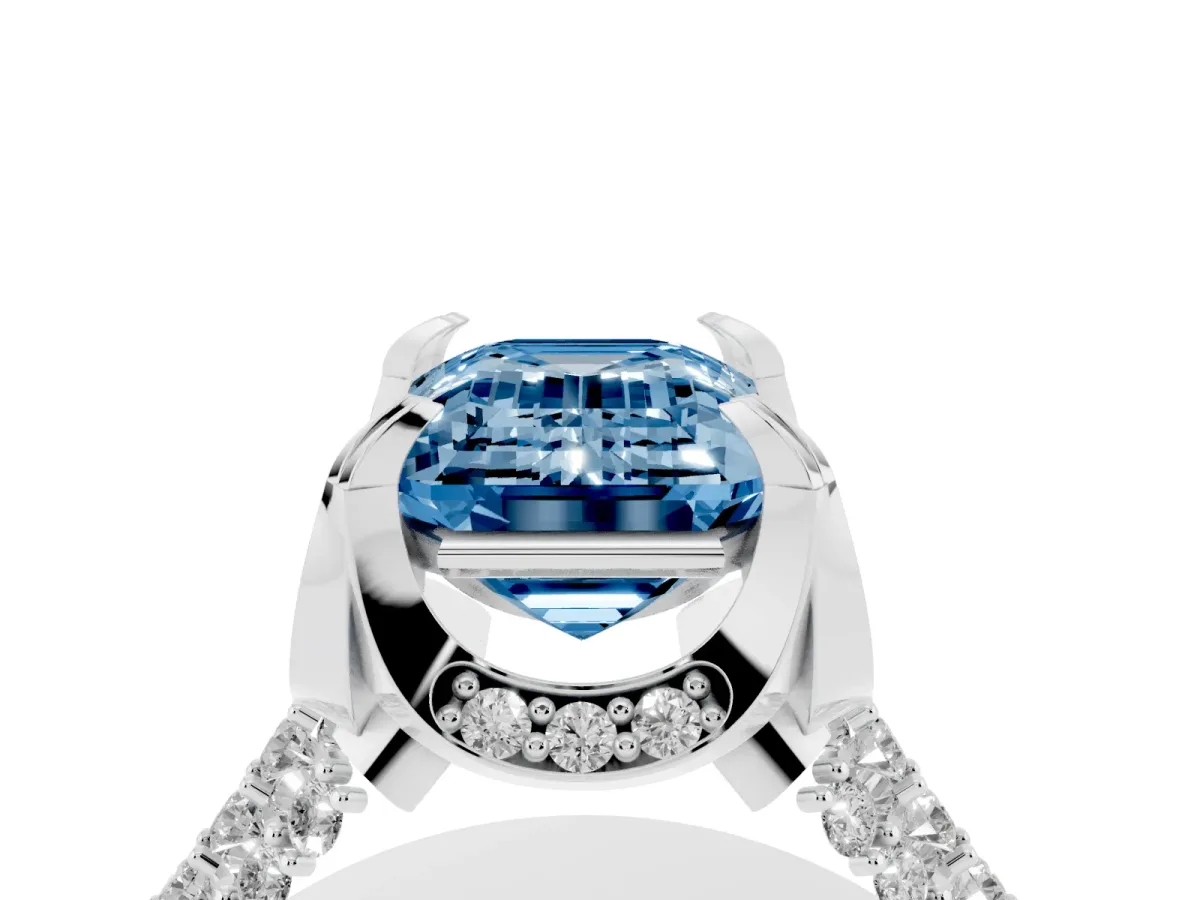 Fancy Blue Emerald Cut Solitaire Pave Split Shank Ring with Four-Prong Setting Platinum