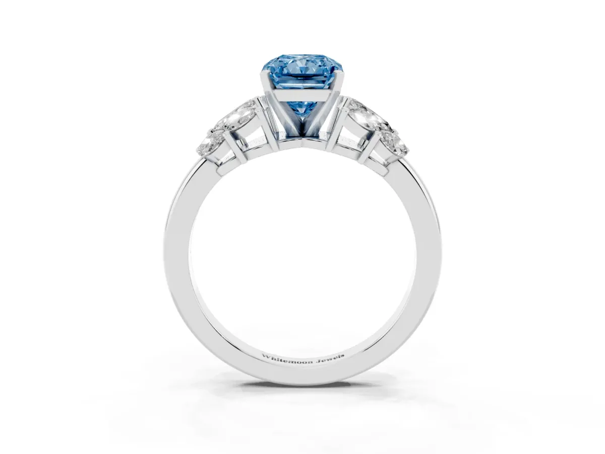 Fancy Blue Radiant Cut Diamond Cluster Leaf Design Ring with Prong Setting Silver