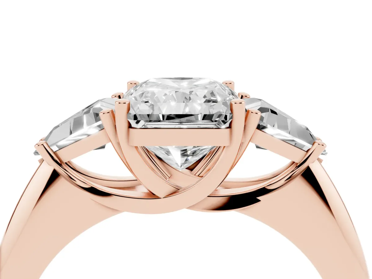 Three-Stone Radiant Cut Diamond Engagement Ring with Trillion Side Stones and Prong Setting Rose gold