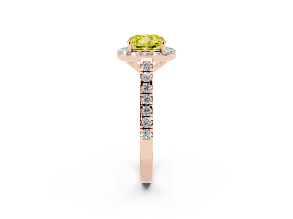 Fancy Yellow Cushion Cut Diamond Halo Ring with Round Pavé Split Shank and Prong Setting Rose gold
