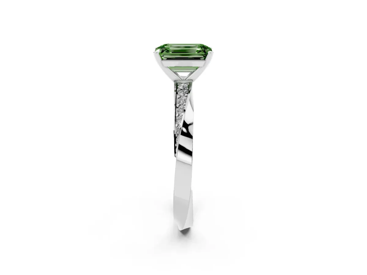 Fancy Green Emerald Cut Diamond Engagement Ring with Side Stone Accents and Four-Prong Setting Silver