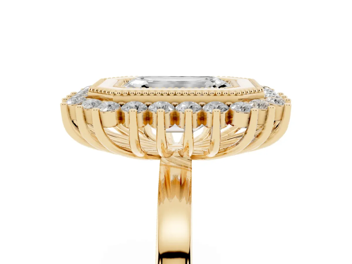 Emerald Cut Halo Diamond Ring with Milgrain Edge and Round Prong Setting Yellow gold