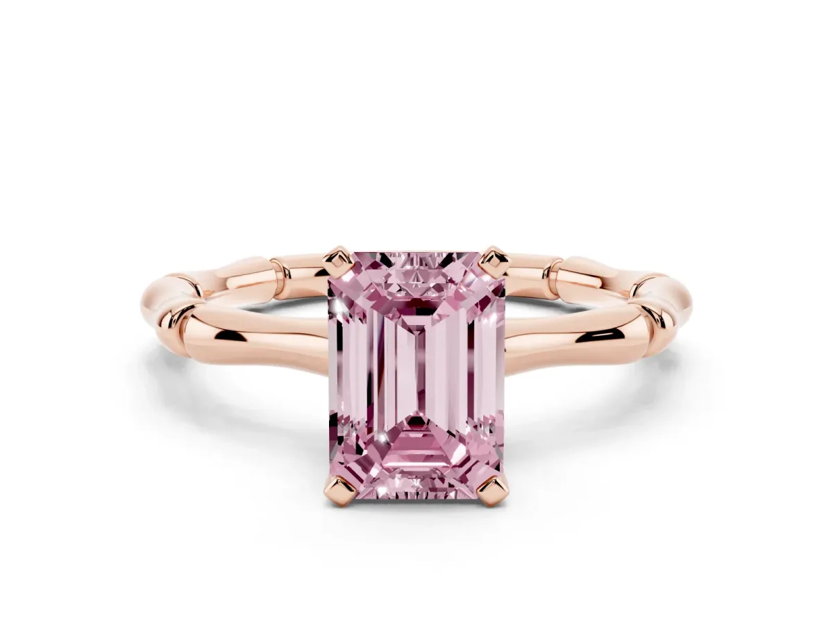 Fancy Pink Emerald Cut Solitaire Diamond Ring with Bamboo Band and Four-Prong Setting Rose gold