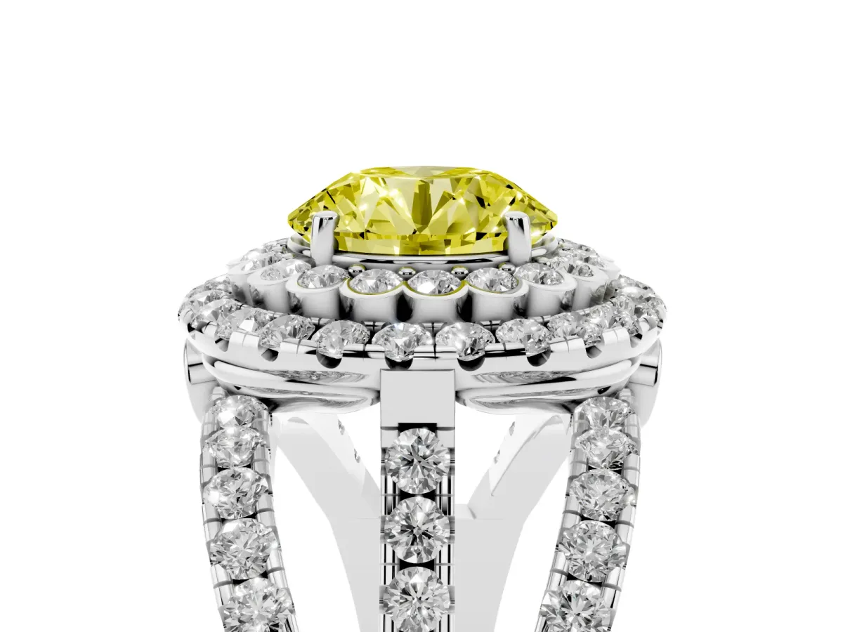 Fancy Yellow Round Cut Diamond Double Halo Ring with Round Pavé Split Shank and Prong Setting Silver