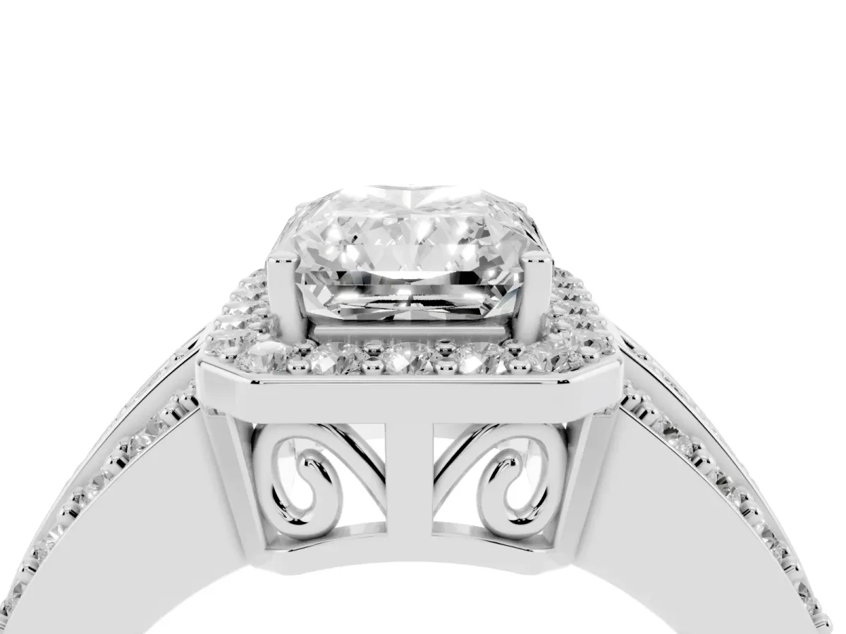 Radiant Cut Halo Diamond Ring with Round Split Shank and Prong Setting Silver