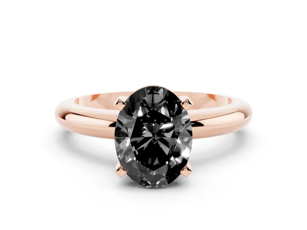 Fancy Black Oval Cut Diamond Solitaire Engagement Ring with Round Band and Four-Prong Setting Rose gold