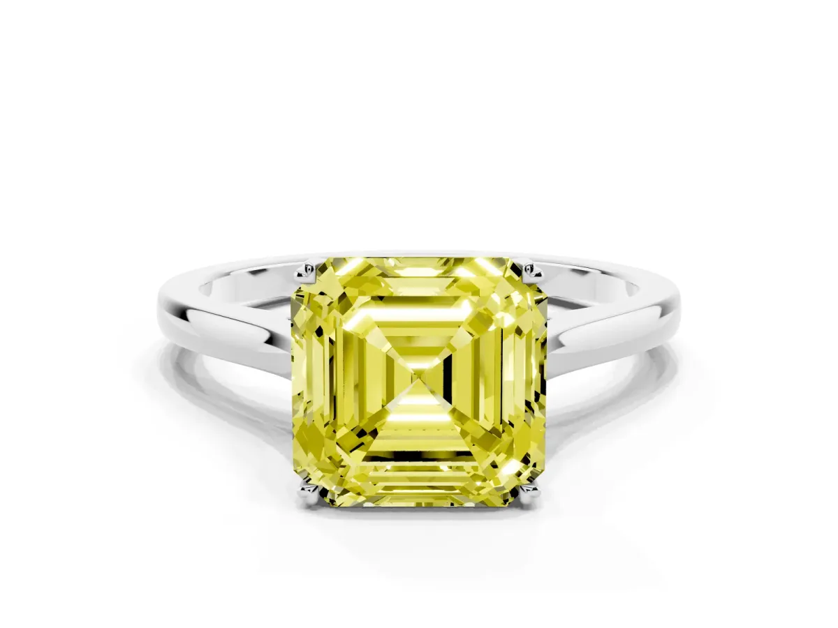Fancy Yellow Asscher Cut Solitaire Heart Prong Engagement Ring with Tapered Band White gold
