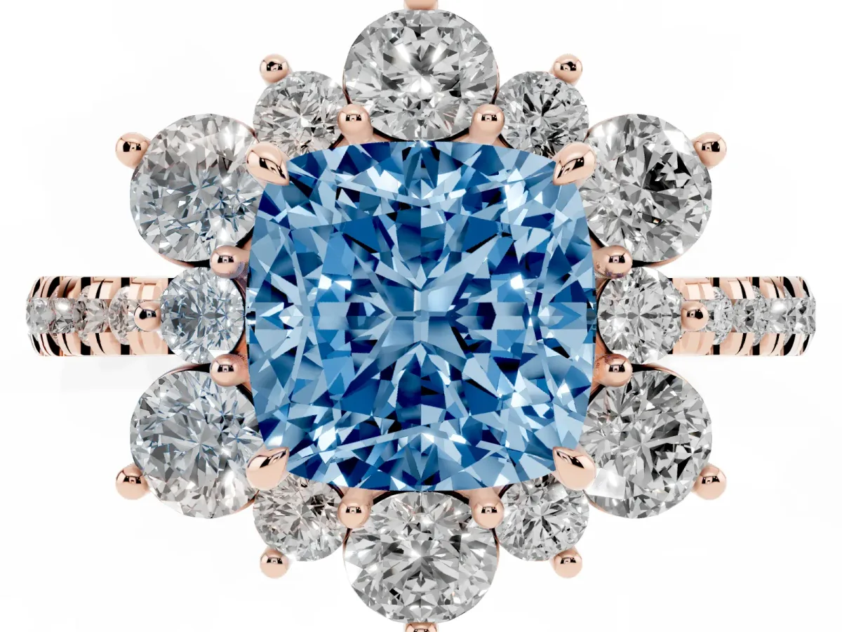 Fancy Blue Cushion Cut Diamond Floral Halo Ring with Round Pavé Band and Prong Setting Rose gold