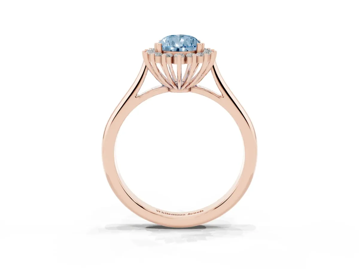Fancy Blue Pear Cut Cut Diamond Halo Ring with Solitaire Band and Prong Setting Rose gold