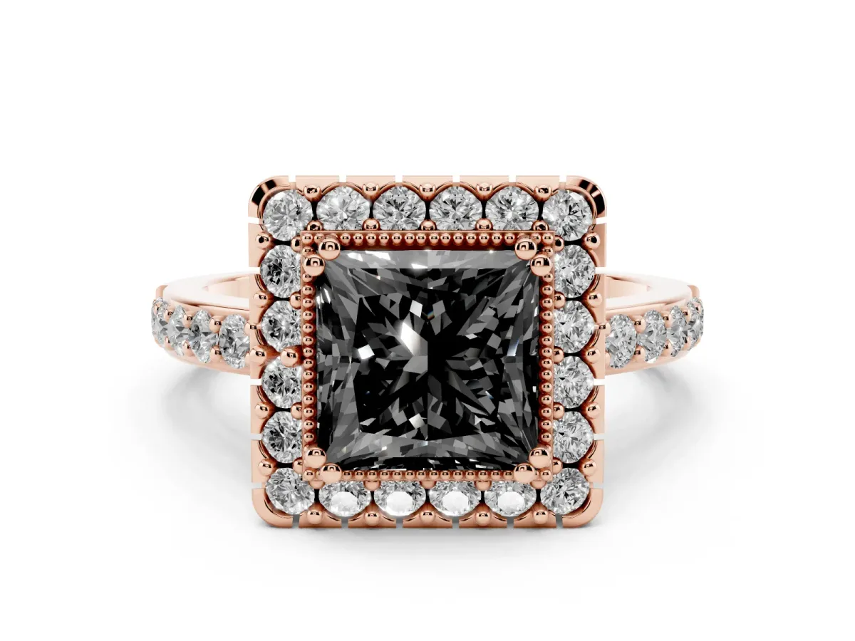 Fancy Black Princess Cut Diamond Halo Ring with Pavé Band and Prong Setting Rose gold