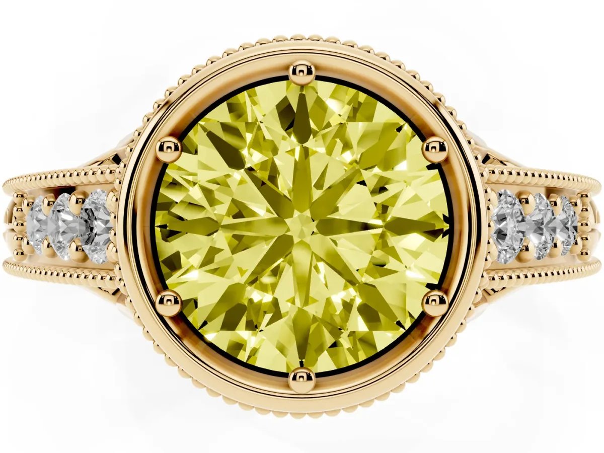 Fancy Yellow Bezel Set Round Cut Diamond Milgrain Pave Engagement Ring Yellow gold