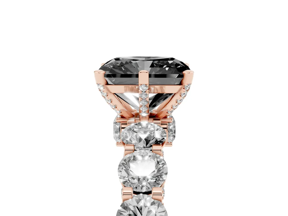 Fancy Black Radiant Cut Diamond Side Stone Engagement Ring with Four-Prong Setting Rose gold